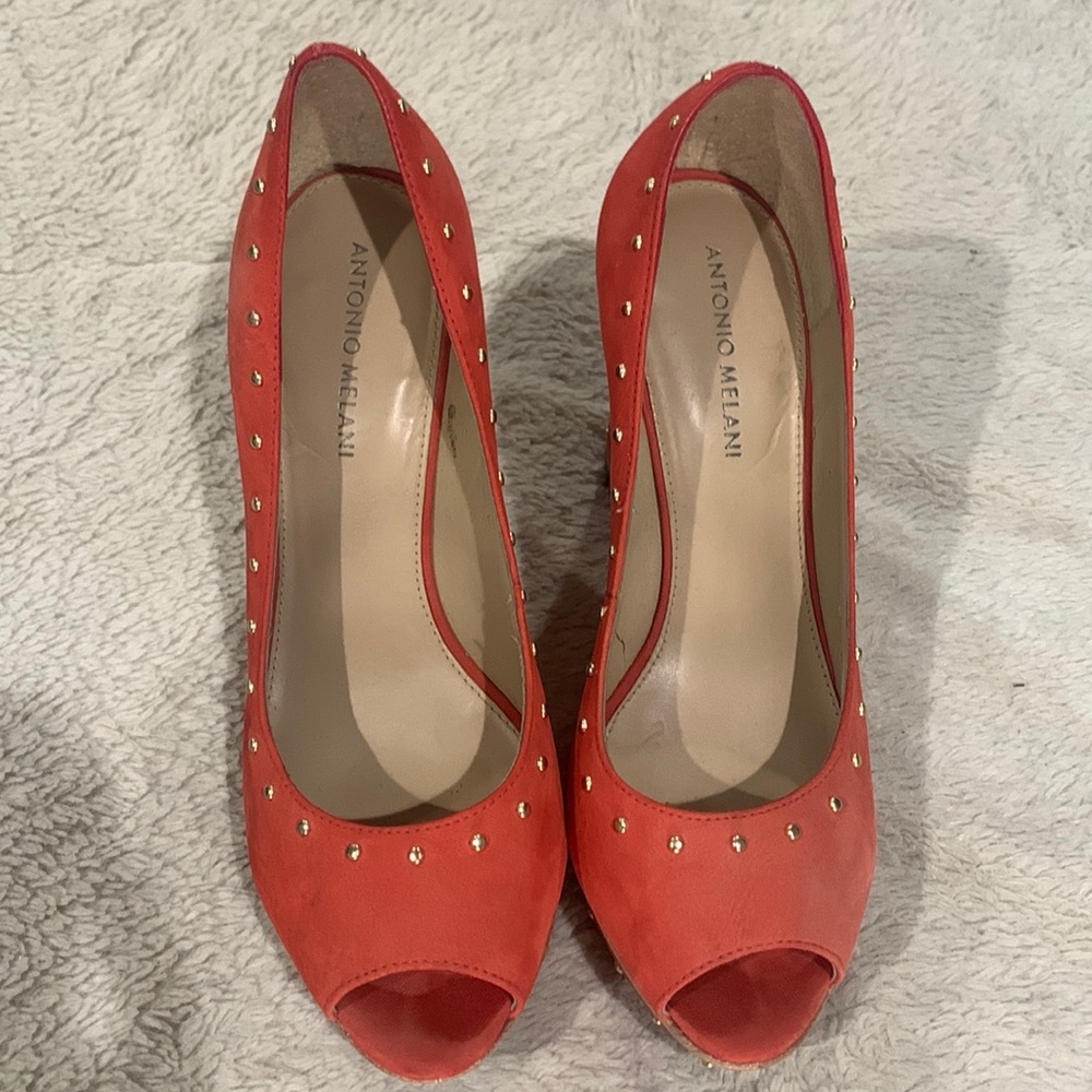 Antonio Melani, orange and gold studded cork wedges. Size 8.5